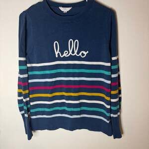 Time and Tru Blue Cursive "Hello" Graphic Rainbow Striped Pullover Sweater